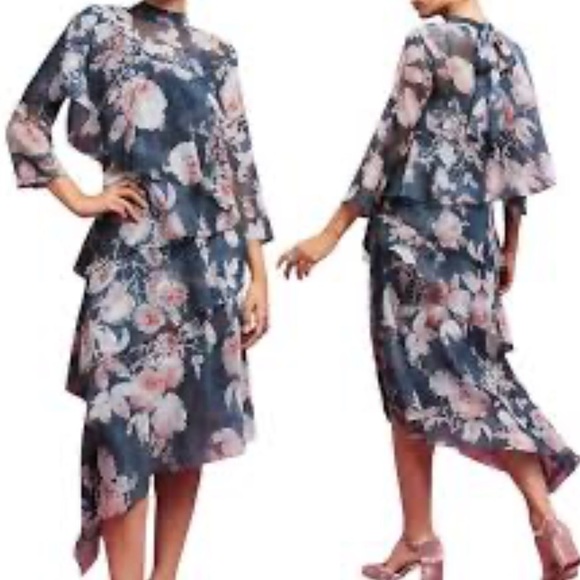 HEMANT AND NANDITA SAMMY SHEER FLORAL TIERED RUFFLE DRESS  SIZE SMALL - Picture 1 of 16